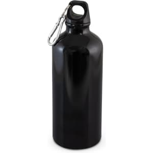 A drink bottle in glossy black, featuring a detachable clip for easy carrying. It has a smooth, rounded shape.