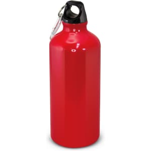 A drink bottle in vibrant red, featuring a black cap and a silver carabiner for easy attachment.