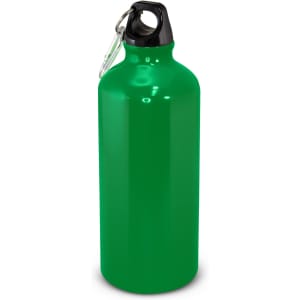A drink bottle in bright green with a black cap and a carabiner attachment. It has a logo.