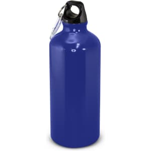A drink bottle in glossy blue with a black cap and a metal clip for attaching to bags or loops.