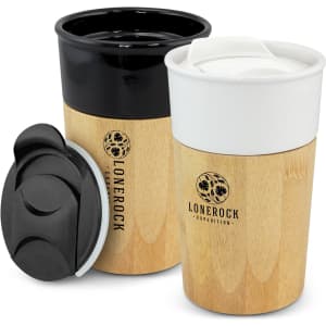 A coffee cup featuring a bamboo exterior, available in black and white lids, and has a logo on the side.