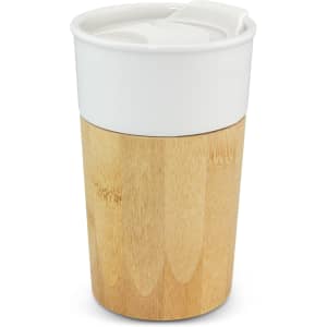 A coffee cup featuring a white top and a bamboo base, with a secure lid. It has a circular shape and a logo.