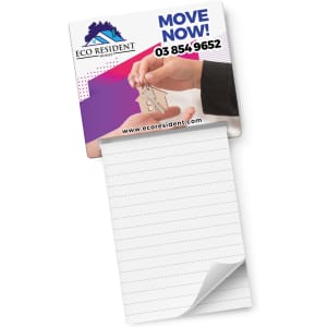 A magnetic memo pad in white with lined pages, featuring a colourful design and a logo at the top.