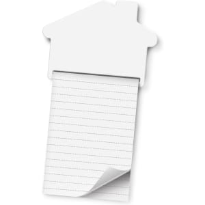 A magnetic memo pad shaped like a house, featuring a white design with lined pages for notes.