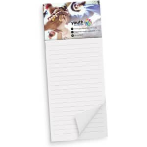 A lined notepad with a colourful header featuring a logo. The pad is white with lined pages.