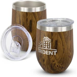 A drink bottle featuring a wood-like textured finish with a stainless steel rim and a clear lid, along with branding.