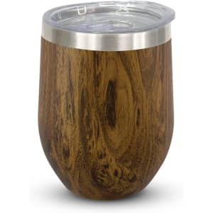 A drink bottle featuring a wooden grain finish with a silver band and a clear lid.
