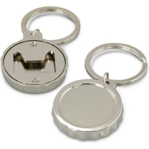 A drink bottle opener key ring in shiny silver, featuring a classic bottle cap design and a keyring attachment.