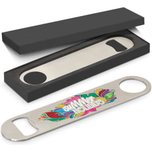 A drink bottle opener in silver with a vibrant design, presented in a black gift box.