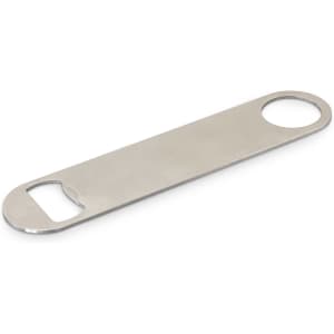 A drink bottle opener in stainless steel with a sleek, flat design and two circular openings. It features a logo.