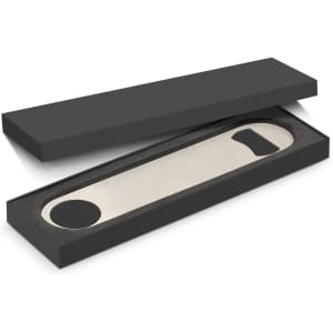 A drink bottle opener in silver metal, presented in a sleek black gift box. The box is open, revealing the product inside.