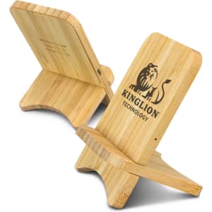A bamboo wireless charging stand featuring a lion logo, showcasing a natural wood finish in light brown tones.