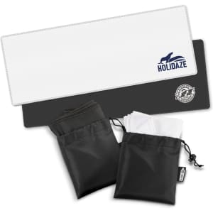 A set of cooling towels in white and dark grey, packaged in black pouches, featuring logos on the towels.