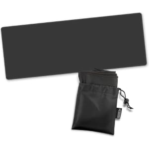 A black RPET cooling towel folded in a compact pouch. The pouch features a drawstring closure.