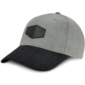 A grey cap with a black peak and a patch on the front. It features a curved brim and is a fitted design.
