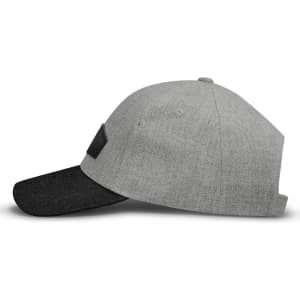 A grey cap with a black peak and a patch on the side, featuring a simple design.