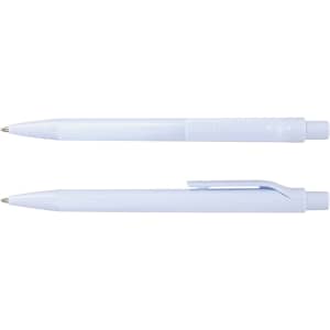 A light blue anti-microbial pen featuring a clip and a smooth design, with branding on the barrel.