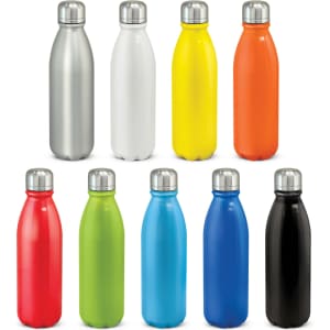 A drink bottle collection featuring silver, white, yellow, orange, red, green, blue, and black colours, each with a metal cap.