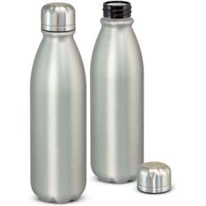 A drink bottle duo in matte silver aluminium, featuring one bottle with a screw-on lid beside it.