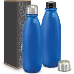 A drink bottle with a blue aluminium body and a metal screw top, presented alongside a decorated box.