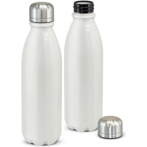 A drink bottle in a sleek white finish, featuring a metallic cap and a black threaded neck. One bottle is shown with the cap off.