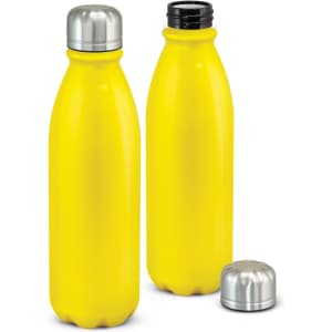 A drink bottle in bright yellow with a stainless steel cap, featuring an attached metal logo.