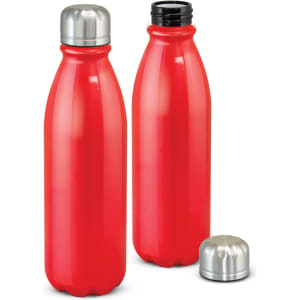 A drink bottle in vibrant red with a stainless steel cap, featuring a smooth, curved design. It has a logo.