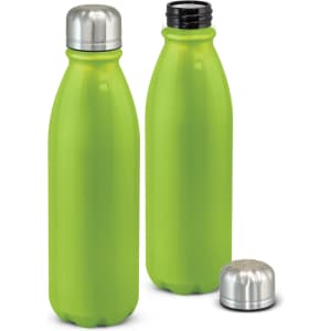 A drink bottle in vibrant green aluminium with a silver metal cap, featuring a sleek, modern design and a logo.