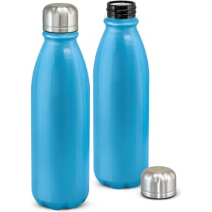 A drink bottle in bright blue with a stainless steel cap, featuring a smooth, slim design. It has a logo on its body.