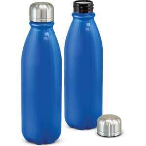 A drink bottle with a sleek blue body and a stainless steel cap, featuring a contrasting darker cap.