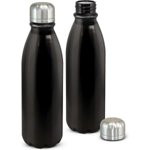 A drink bottle in a sleek black finish with a silver cap, featuring an aluminium design and a logo.