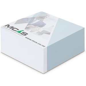 A blue memo cube note pad with a white base, featuring a logo on the top surface.