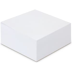 A white memo cube note pad with 400 blank leaves, featuring a smooth finish and a square shape.