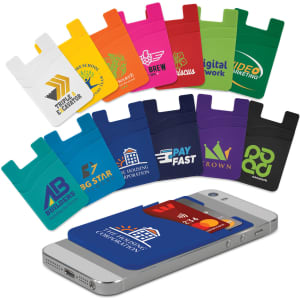 A collection of dual silicone phone wallets in various colours, displayed alongside a smartphone. Each wallet features a logo.