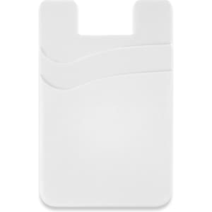 A white dual silicone phone wallet with two slots for cards. It features a minimalist design and has a logo.