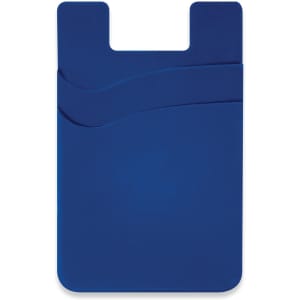 A blue dual silicone phone wallet with a gracefully curved design and a logo. Suitable for securing cards.