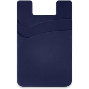 A dual silicone phone wallet in navy blue with two card slots and a wave design. Features a logo.