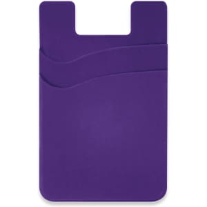 A purple dual silicone phone wallet with two pockets for cards and a slim design. It features a logo.