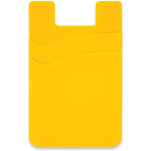 A yellow dual silicone phone wallet with two curved sections and a logo.