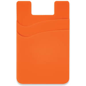 An orange dual silicone phone wallet with a curved design and a small logo.