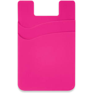 A pink dual silicone phone wallet with a smooth design and curved detailing, featuring a logo on the back.