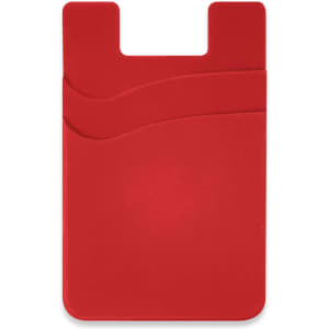 A red dual silicone phone wallet with two textured pockets for storing cards is displayed on a white background.