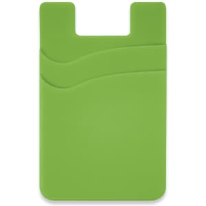 A green silicone phone wallet with two compartments and a logo. Suitable for attaching to mobile phones.