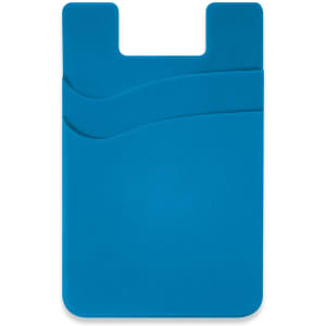 A blue silicone phone wallet with two card slots and a wavy design. It features a logo on the surface.