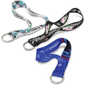 Three key rings in vibrant colours, featuring various patterned straps and metal rings, each with different designs.