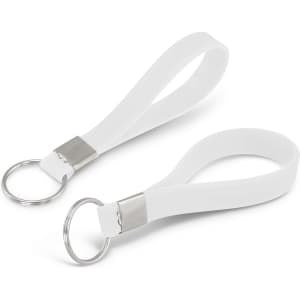 A white silicone key ring with a debossed design and a metal ring attachment.