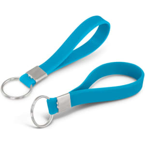 A blue silicone key ring with a debossed design and a metal keyring attachment.