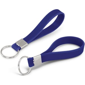 A blue silicone key ring with a debossed design and a metal keyring attachment.