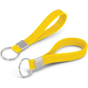 A pair of yellow silicone key rings with a metal attachment. One key ring is slightly longer than the other.