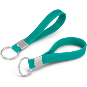 A turquoise silicone key ring with a simple debossed design and a metal keyring attachment.